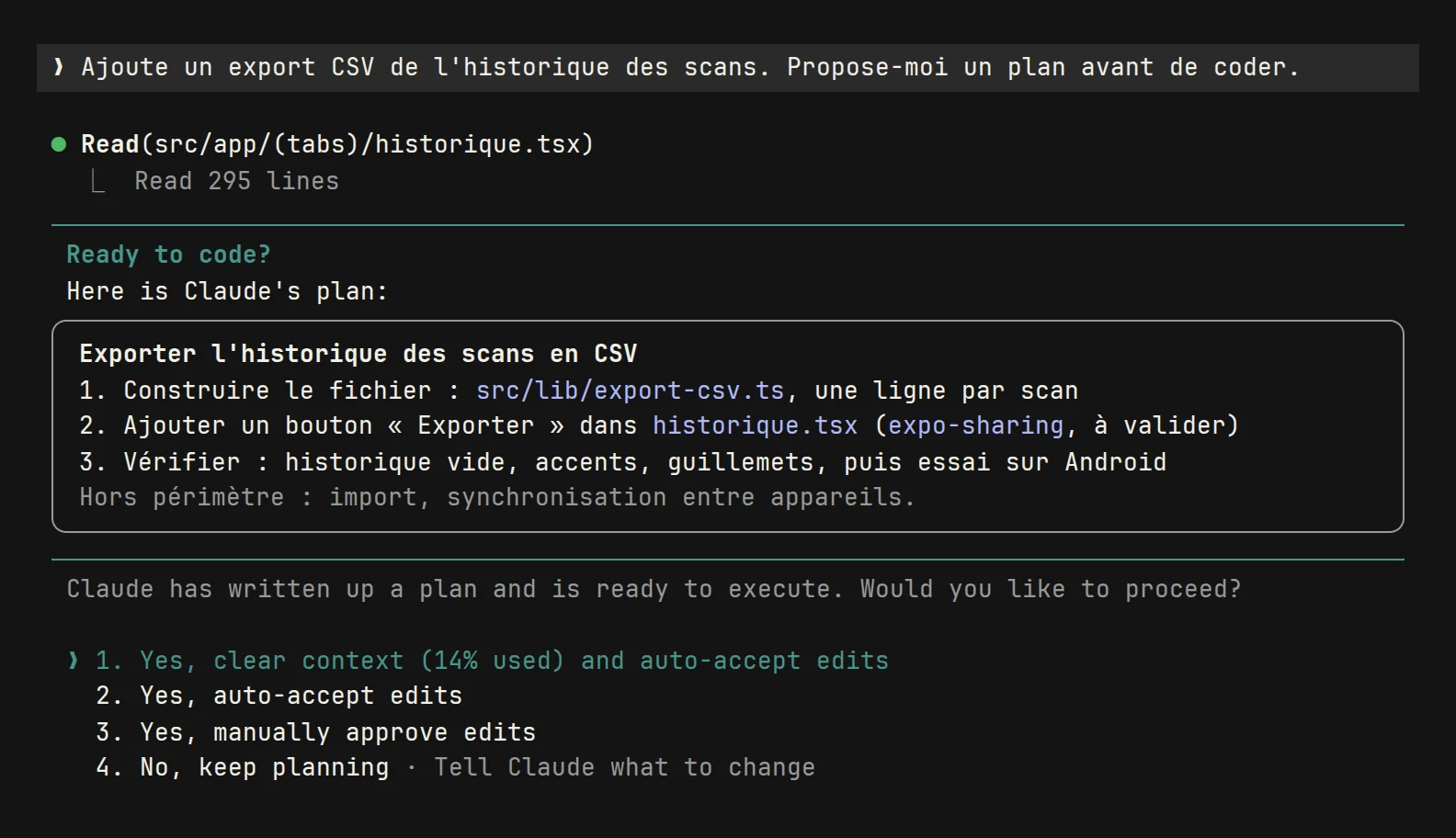 Claude Code, dans le projet Kiwee, propose un plan en trois étapes pour exporter l'historique des scans en CSV, puis attend votre accord avant de coder