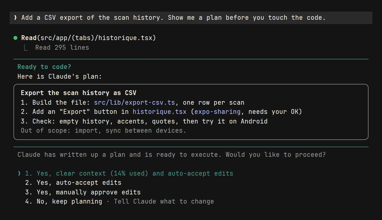 Claude Code, in the Kiwee project, proposes a three-step plan to export the scan history as CSV, then waits for your go-ahead before coding