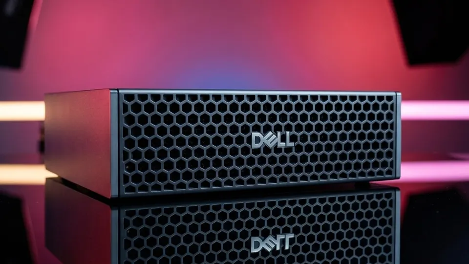 Dell Pro Max avec GB10, boîtier noir à façade en nid d'abeille et logo Dell, éclairé de rose et de bleu