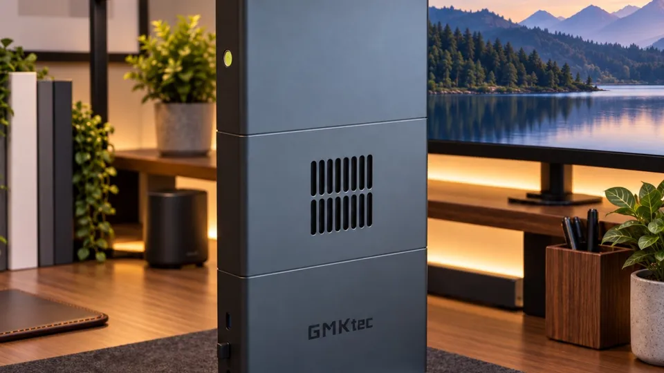 GMKtec EVO-X3, boîtier gris anthracite haut et étroit à grille d'aération, posé debout sur un bureau en bois